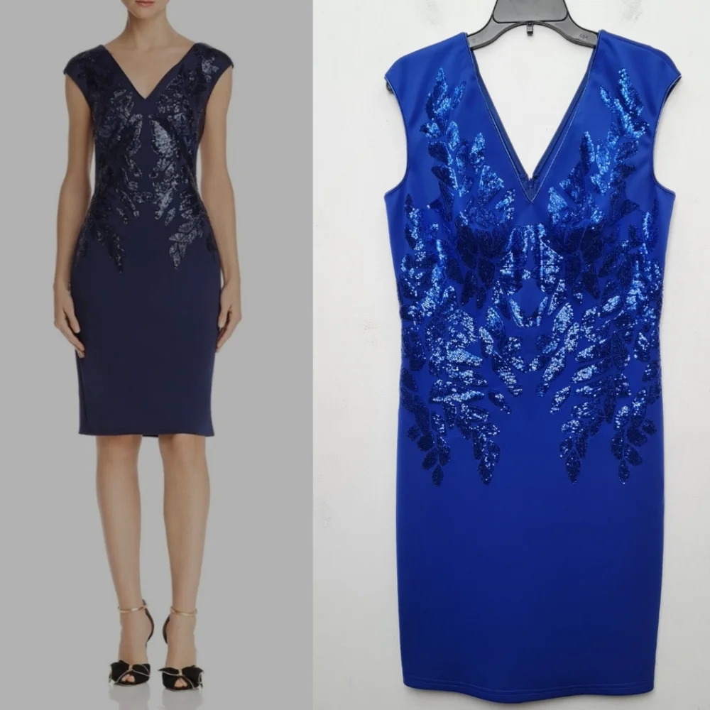 Tadashi Shoji Sequin Capsleeves Neoprene Shift Dress Royal Blue Women's Size L - Picture 2 of 16